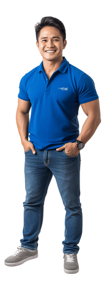 Smiling male customer support specialist wearing a blue Virtual Coworker polo shirt.