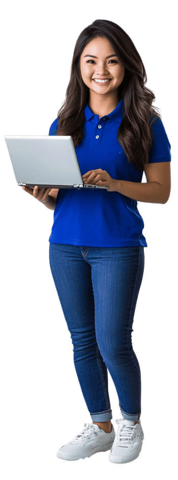 Smiling female digital marketing manager holding a laptop, wearing a blue Virtual Coworker polo shirt.