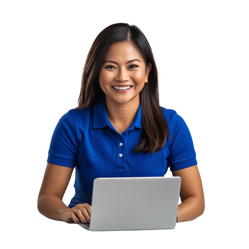 Smiling virtual assistant working on a laptop, offering bookkeeping services