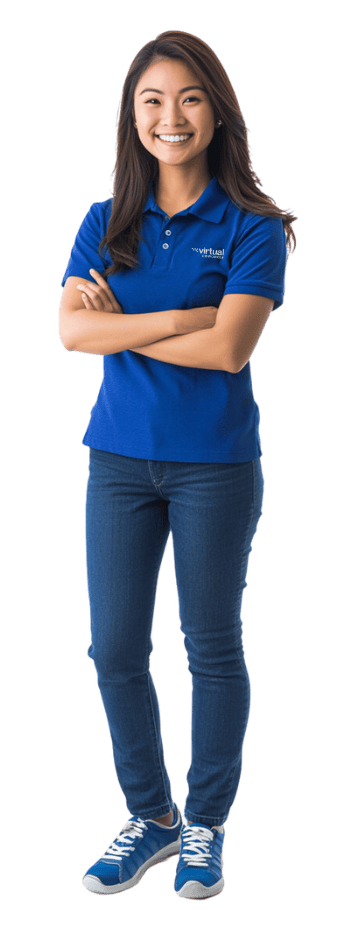 Smiling virtual assistant standing confidently, offering web development services
