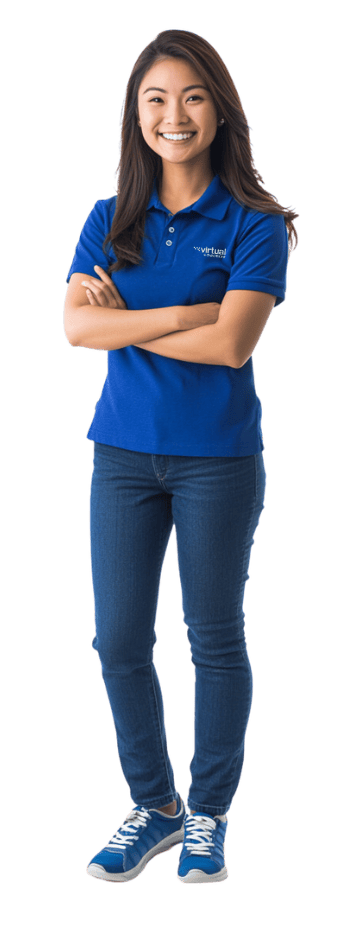 Smiling virtual assistant standing confidently, offering lead generation services