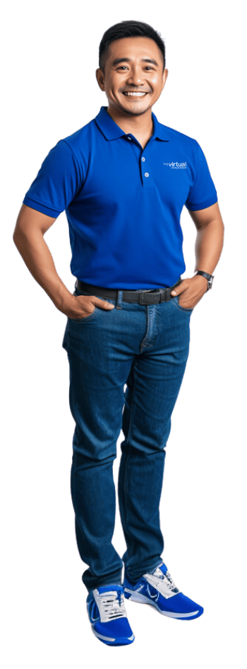 Smiling virtual assistant standing confidently, offering executive assistant services