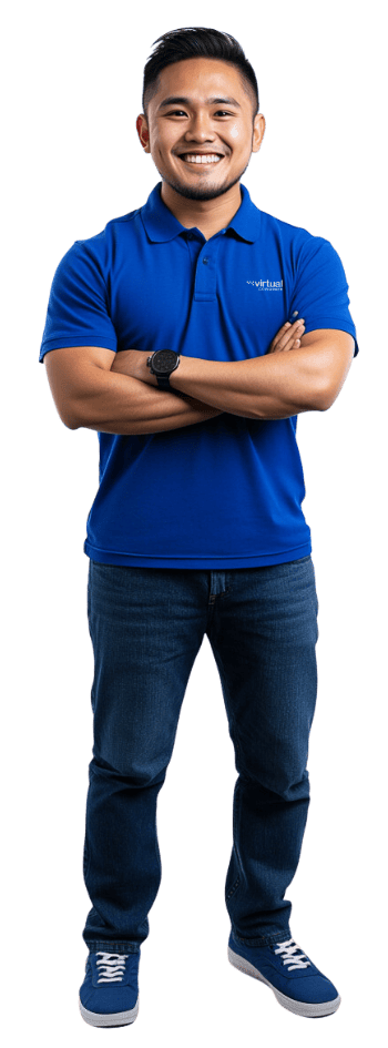 Smiling virtual assistant standing confidently with arms crossed, offering bookkeeping services
