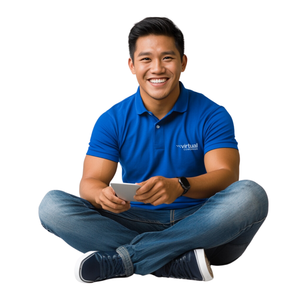 Smiling virtual assistant sitting cross-legged, offering executive assistant services