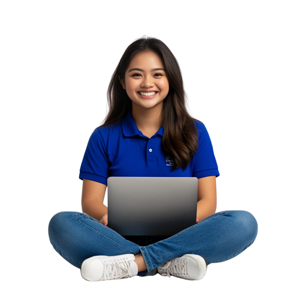 Smiling virtual assistant working on a laptop, offering web development services
