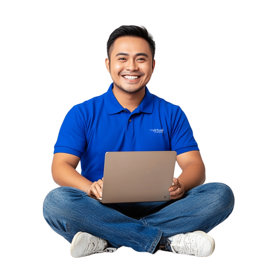 Smiling virtual assistant working on a laptop, offering tech support services