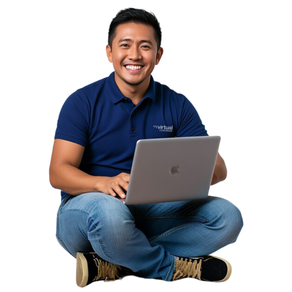 Smiling virtual assistant working on a laptop, offering recruitment assistant services