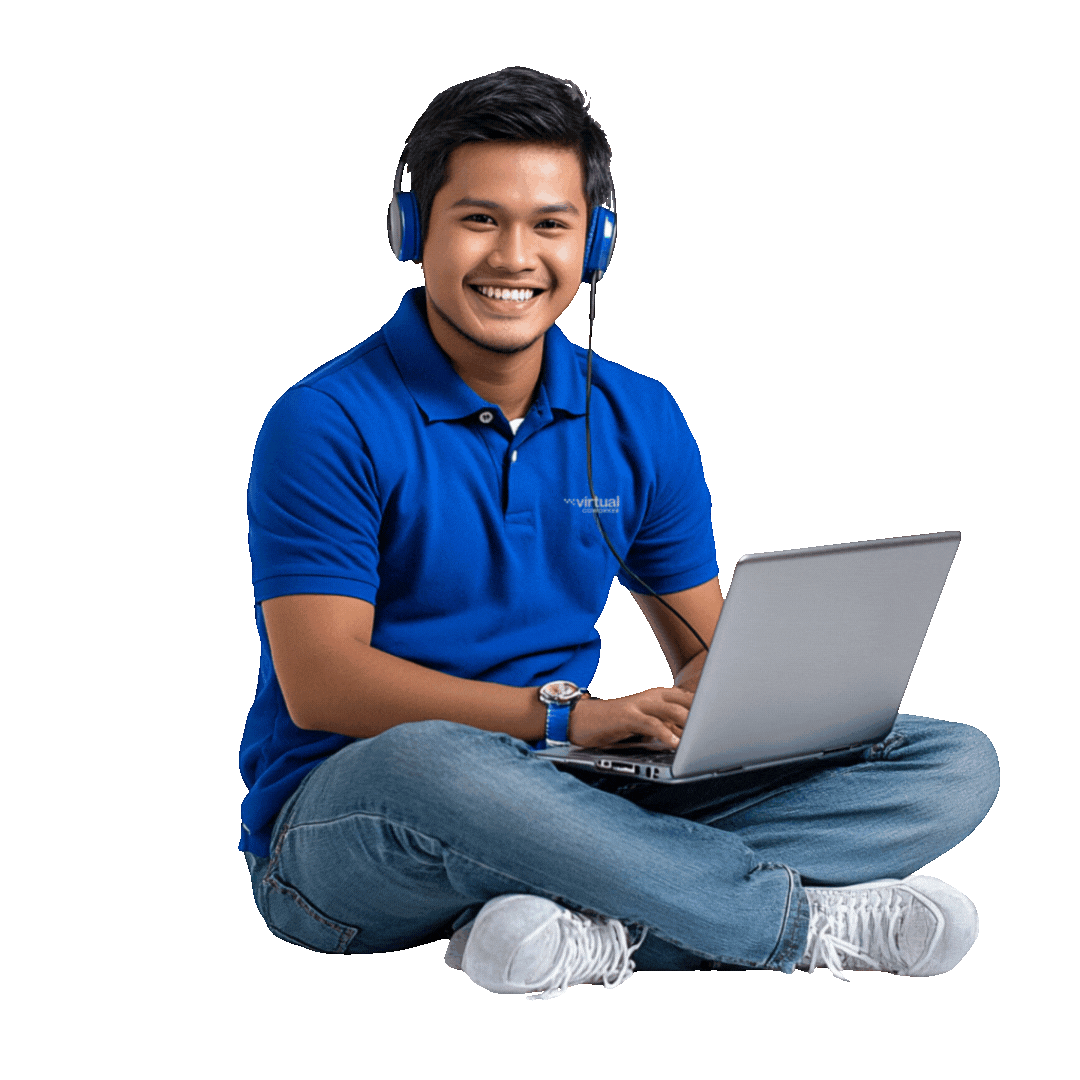 Smiling virtual assistant with headphones providing remote tech support services