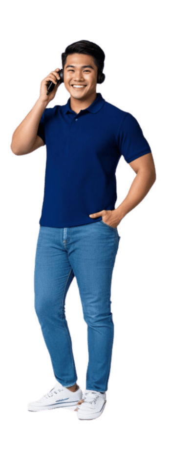 Smiling virtual assistant providing remote tech support services with a headset