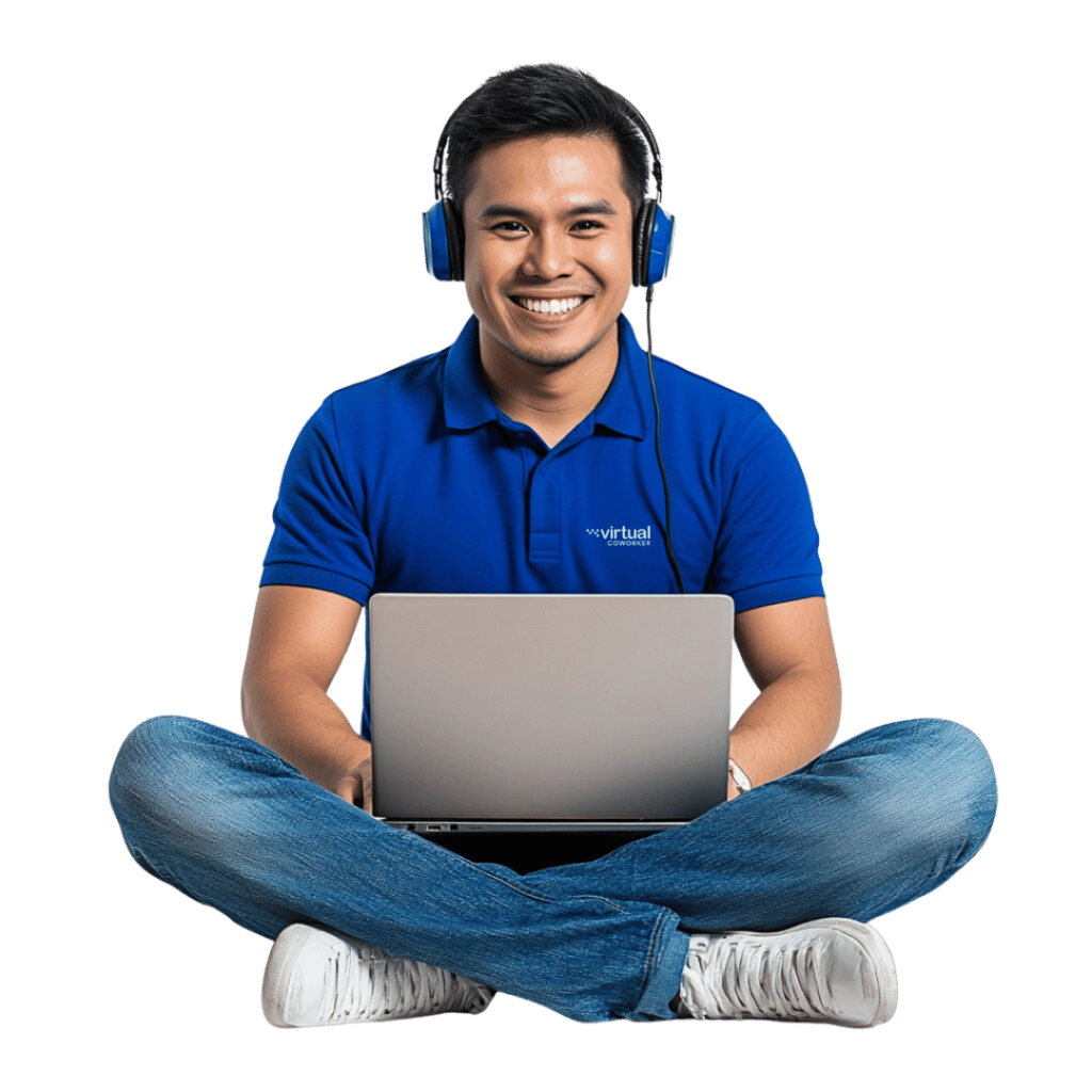 Smiling virtual assistant providing remote support with headphones and laptop