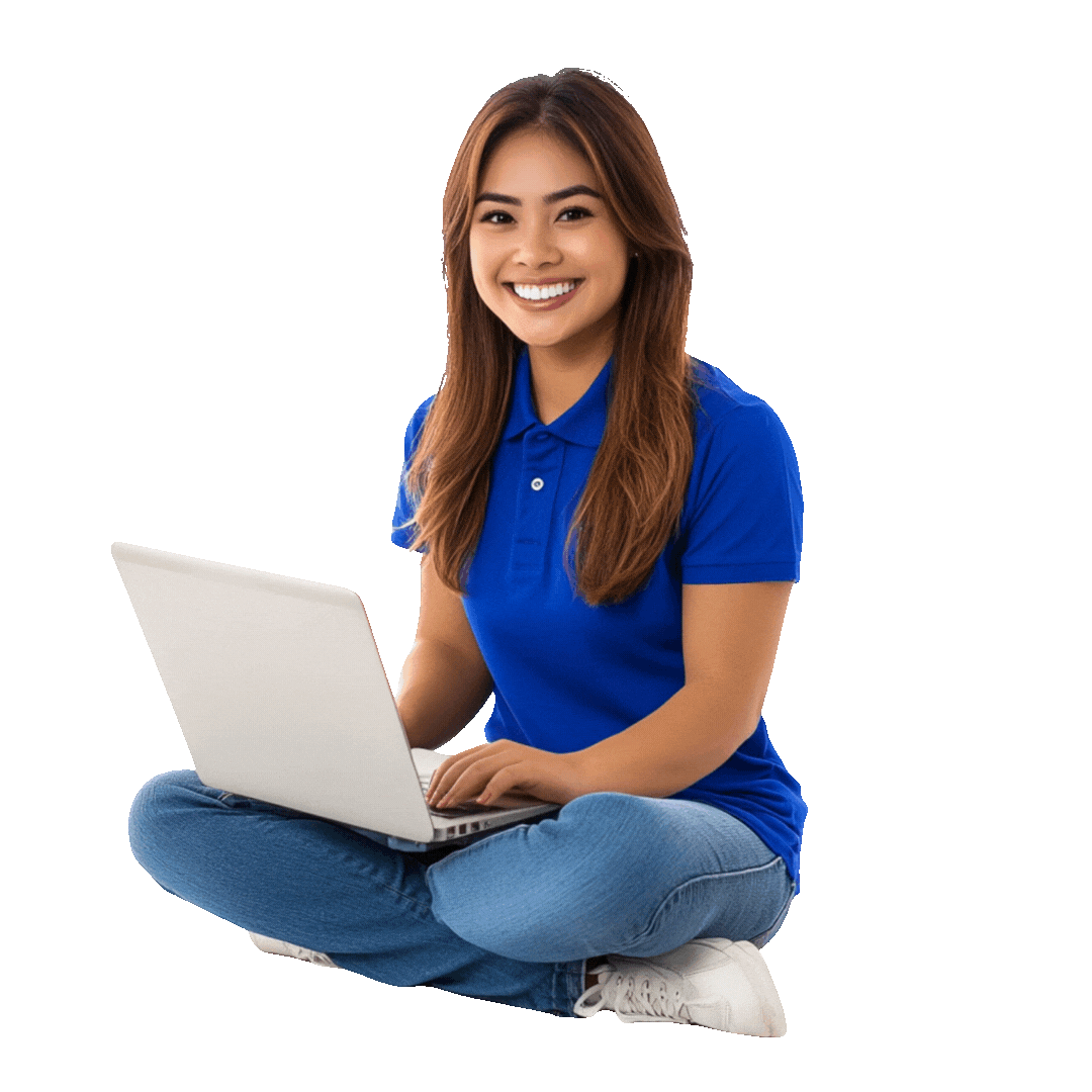 Smiling virtual assistant working remotely on a laptop, offering remote administrative support