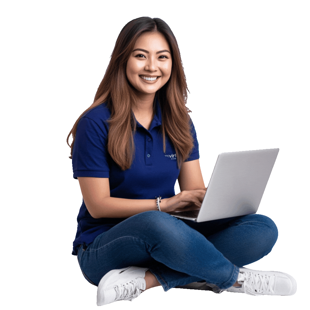 Smiling virtual assistant working on a laptop, offering web development service