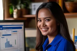 Digital Marketing Specialist creating content and strategies for a US business on a laptop.