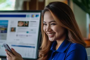 Social media specialist managing content and engagement for a US business on a smartphone.