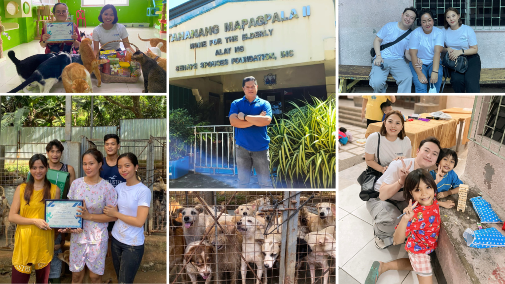A collage of photos showcasing Virtual Coworker employees visiting charities, including shelters for animals, homes for the elderly, and children’s foundations. Employees are seen interacting with cats, dogs, elderly individuals, and children, delivering donations, and sharing joyful moments with the community.